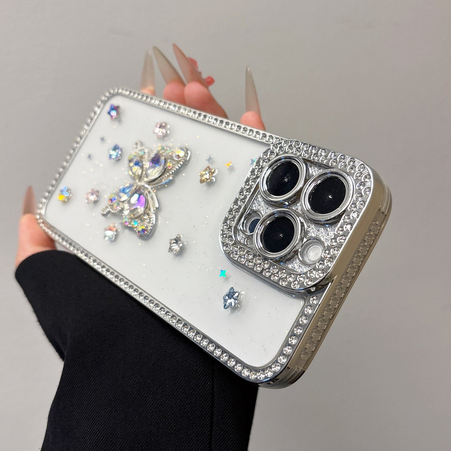 Rainbow Crystal Butterfly iPhone Case – Sparkling Multi-Colored Gems, Diamond Accents, Glossy Protective Case for iPhone 16/15/14/13, Perfect Gift for Fashion Lovers