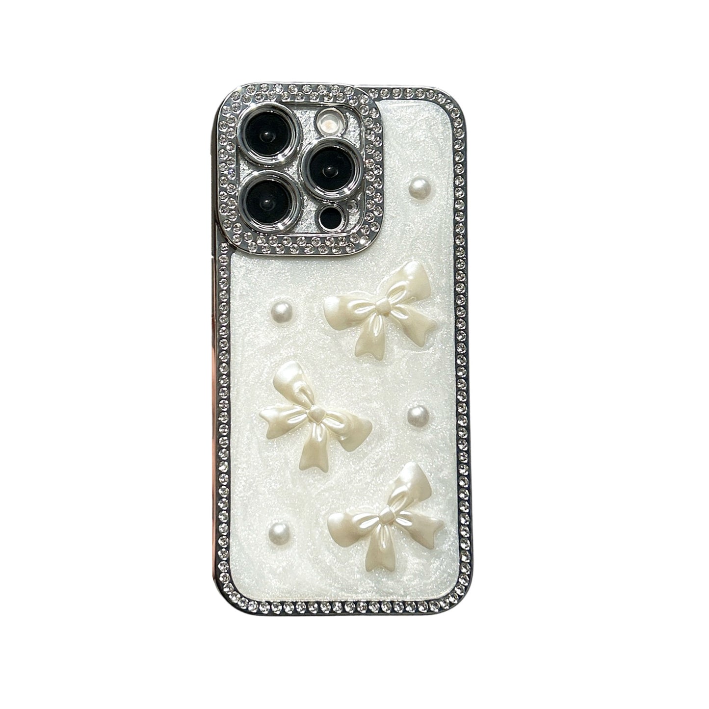 Pearl Bow iPhone Case – Diamond-Studded Design with Glossy Finish, Elegant Pearl Detailing, Luxury Protective Case for iPhone 16/15/14/13, Perfect Gift for Her
