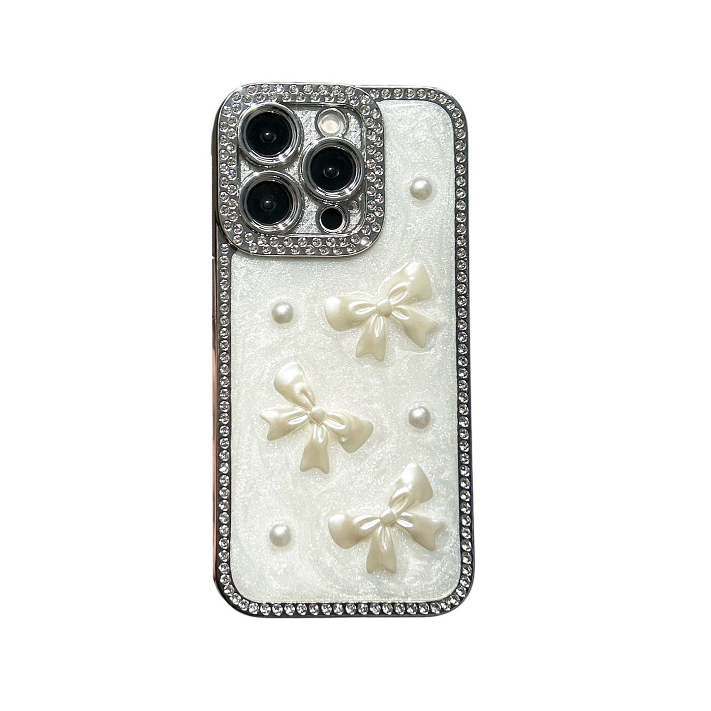 Pearl Bow iPhone Case – Diamond-Studded Design with Glossy Finish, Elegant Pearl Detailing, Luxury Protective Case for iPhone 16/15/14/13, Perfect Gift for Her