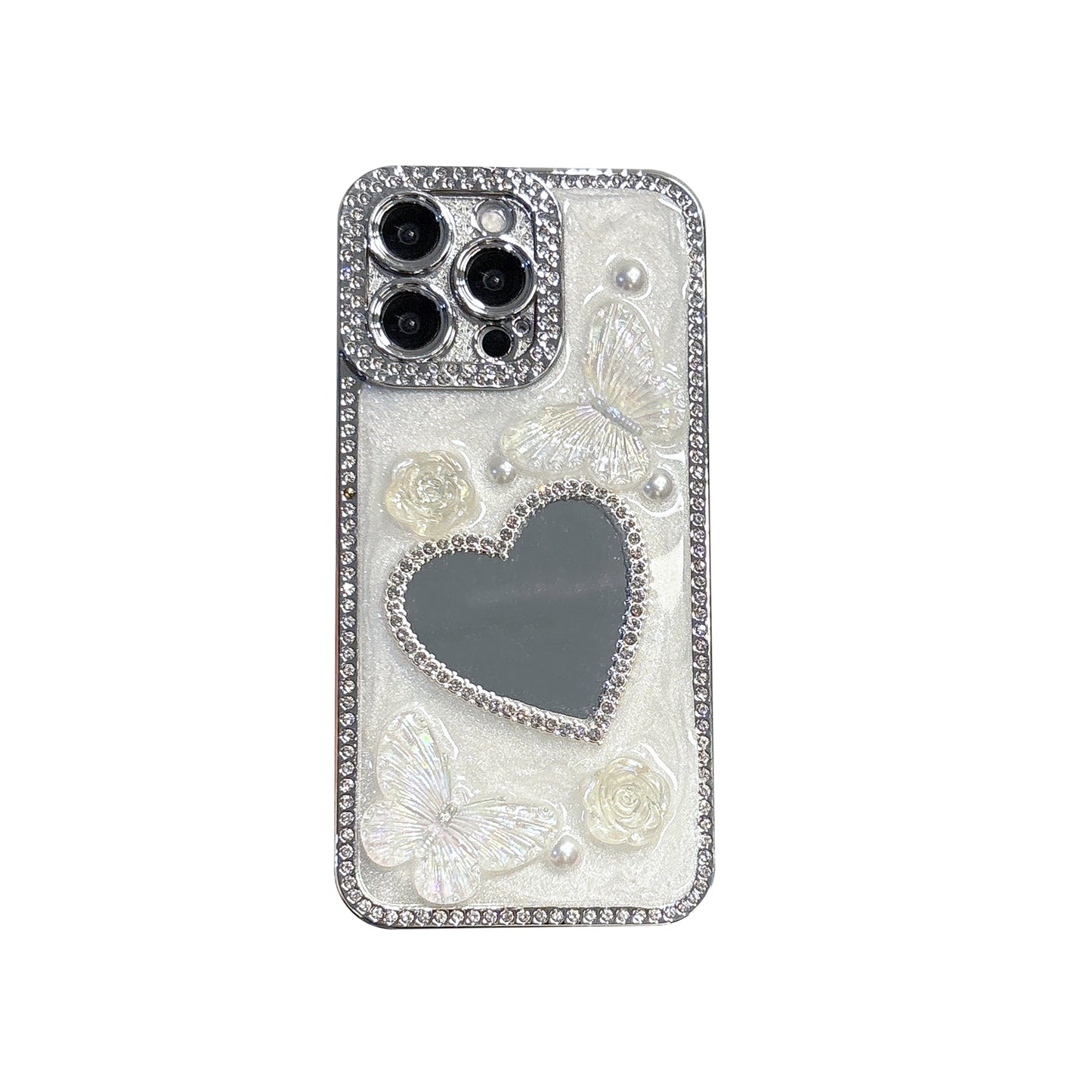 Heart-Shaped Mirror iPhone Case – Diamond and Pearl Butterfly Design with Glossy Finish, Elegant Luxury Case for iPhone 16/15/14/13, Perfect Gift for Her