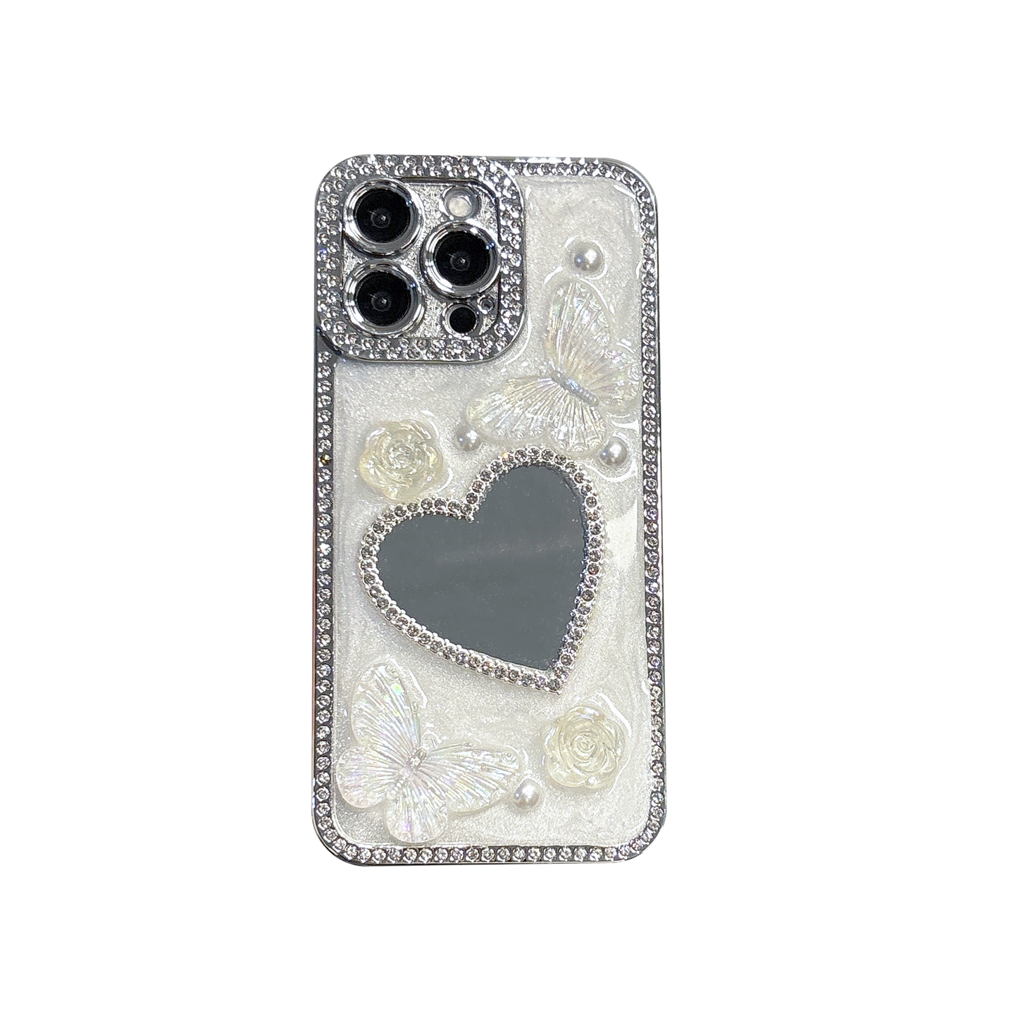 Heart-Shaped Mirror iPhone Case – Diamond and Pearl Butterfly Design with Glossy Finish, Elegant Luxury Case for iPhone 16/15/14/13, Perfect Gift for Her