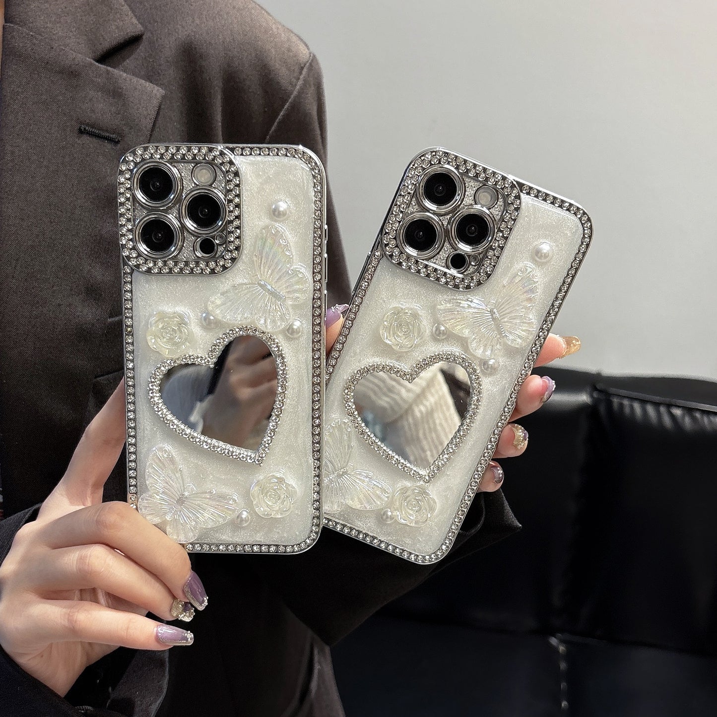 Heart-Shaped Mirror iPhone Case – Diamond and Pearl Butterfly Design with Glossy Finish, Elegant Luxury Case for iPhone 16/15/14/13, Perfect Gift for Her