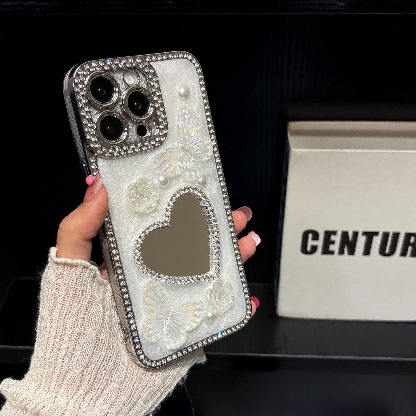Heart-Shaped Mirror iPhone Case – Diamond and Pearl Butterfly Design with Glossy Finish, Elegant Luxury Case for iPhone 16/15/14/13, Perfect Gift for Her