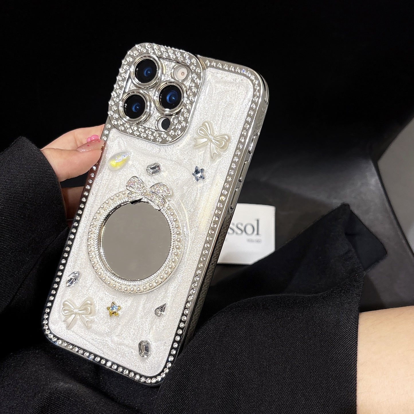 Glamorous Crystal Bow iPhone Case – Mirror Design with Sparkling Diamond and Pearl Accents, Luxurious Glossy Finish, Elegant Butterfly and Jewel Embellishments for iPhone 14/13/12, Perfect Gift for Her