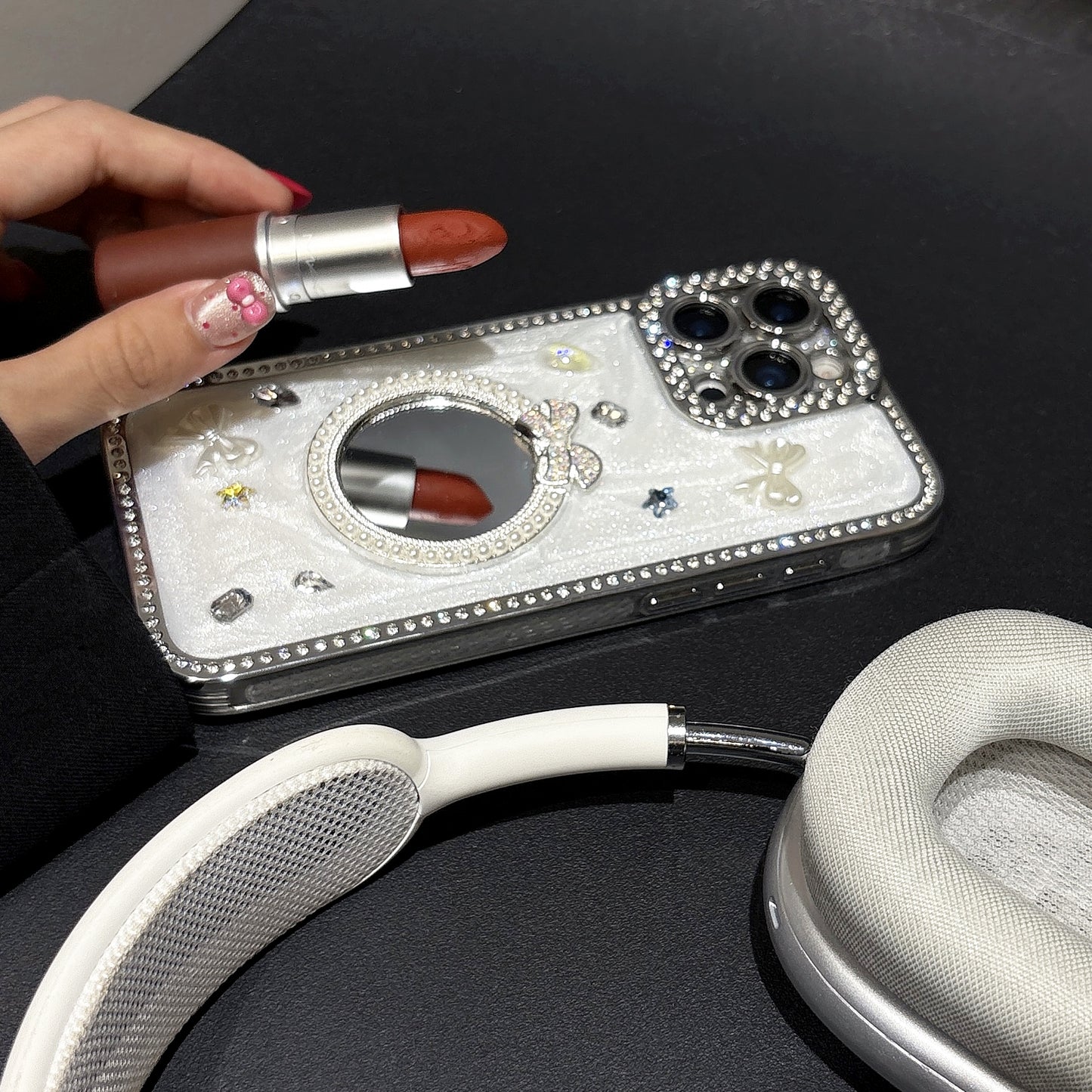 Glamorous Crystal Bow iPhone Case – Mirror Design with Sparkling Diamond and Pearl Accents, Luxurious Glossy Finish, Elegant Butterfly and Jewel Embellishments for iPhone 14/13/12, Perfect Gift for Her