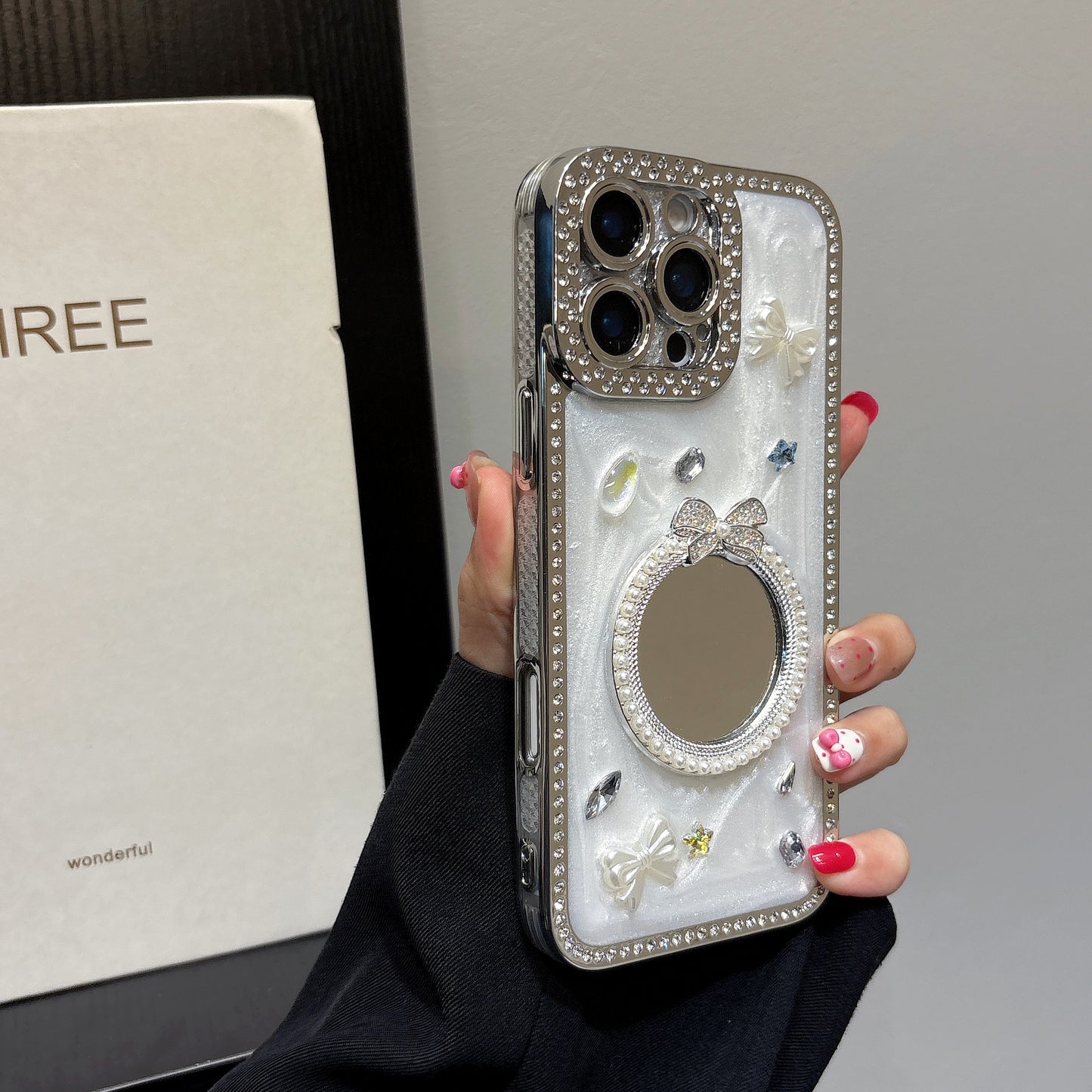 Glamorous Crystal Bow iPhone Case – Mirror Design with Sparkling Diamond and Pearl Accents, Luxurious Glossy Finish, Elegant Butterfly and Jewel Embellishments for iPhone 14/13/12, Perfect Gift for Her