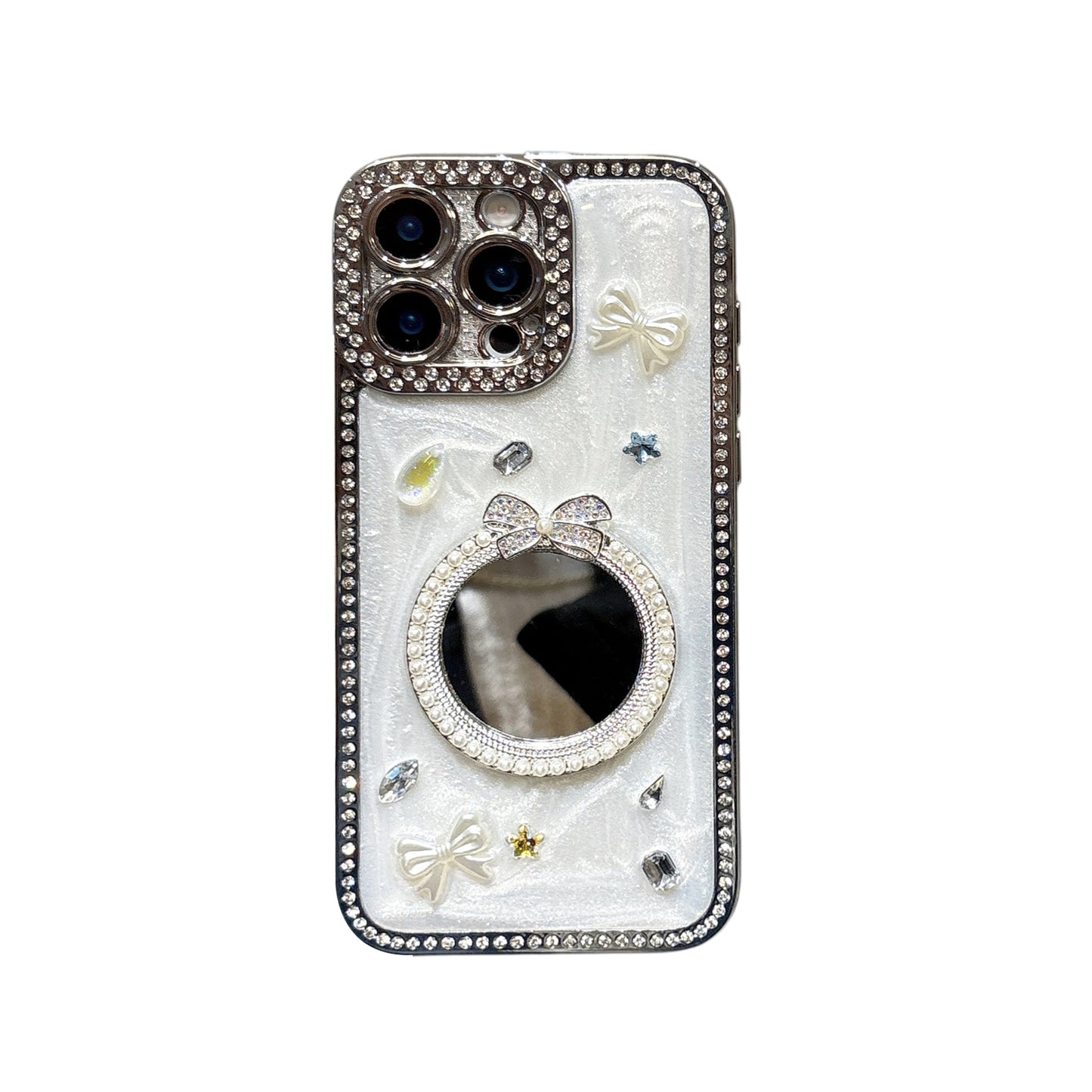 Glamorous Crystal Bow iPhone Case – Mirror Design with Sparkling Diamond and Pearl Accents, Luxurious Glossy Finish, Elegant Butterfly and Jewel Embellishments for iPhone 14/13/12, Perfect Gift for Her