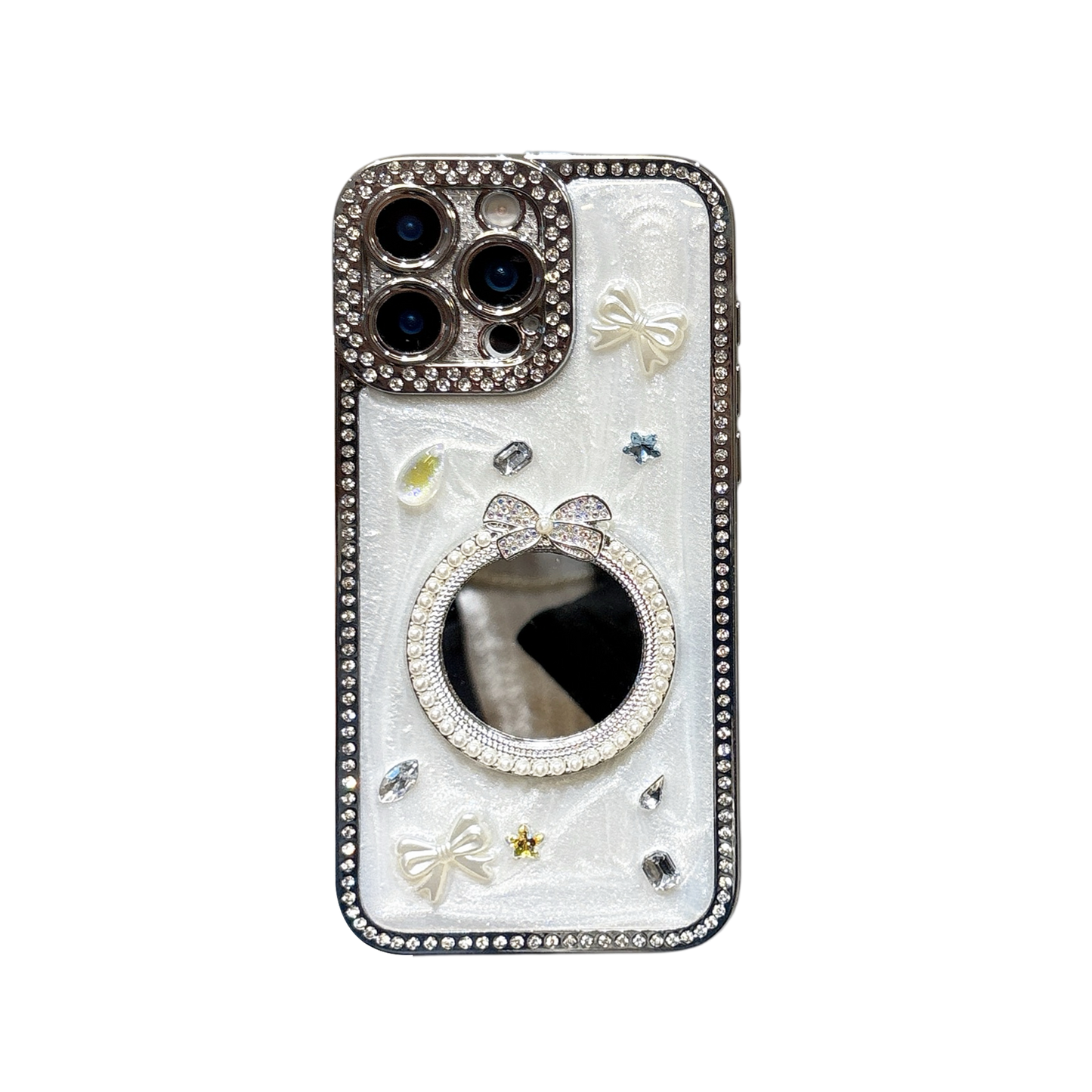 Glamorous Crystal Bow iPhone Case – Mirror Design with Sparkling Diamond and Pearl Accents, Luxurious Glossy Finish, Elegant Butterfly and Jewel Embellishments for iPhone 14/13/12, Perfect Gift for Her