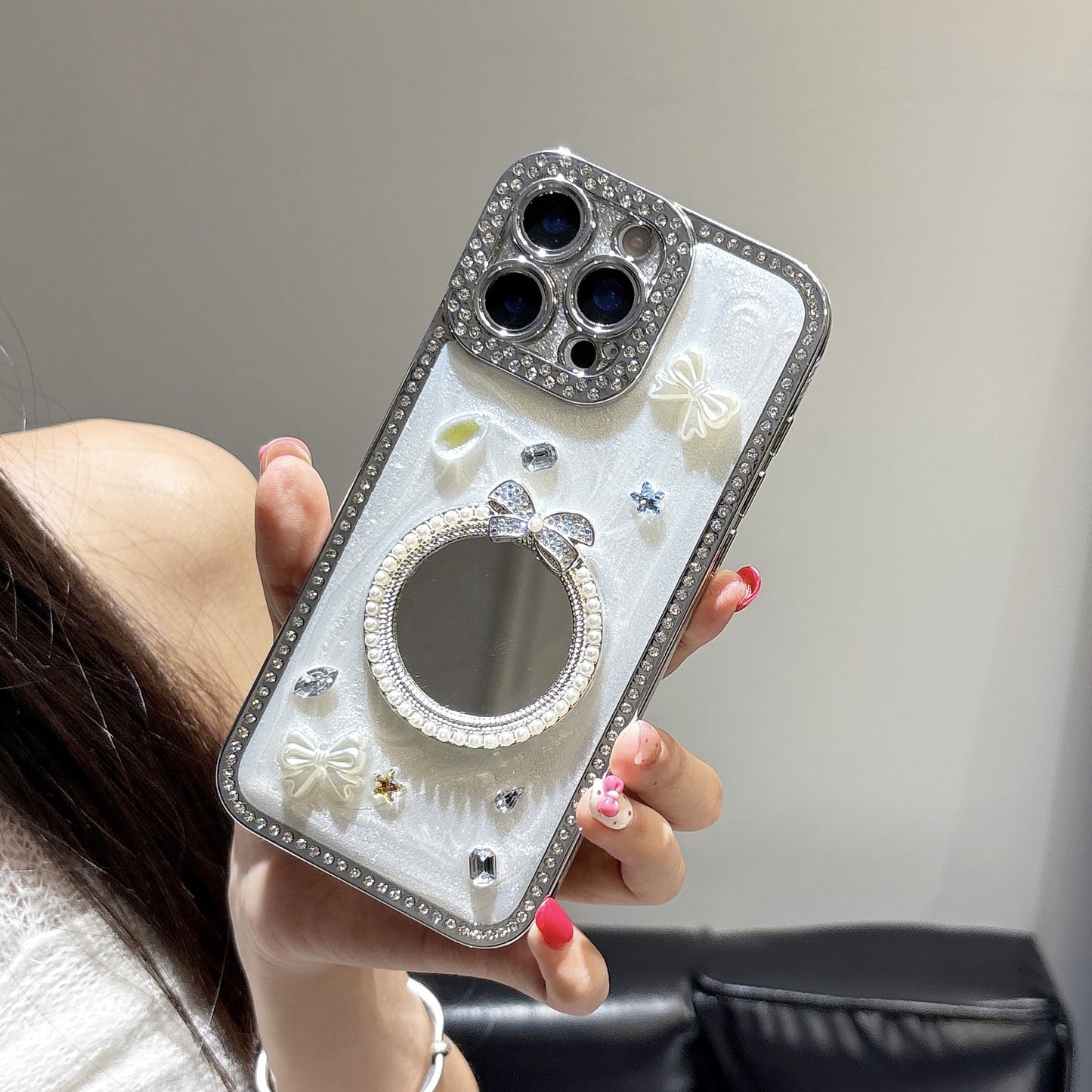 Glamorous Crystal Bow iPhone Case – Mirror Design with Sparkling Diamond and Pearl Accents, Luxurious Glossy Finish, Elegant Butterfly and Jewel Embellishments for iPhone 14/13/12, Perfect Gift for Her