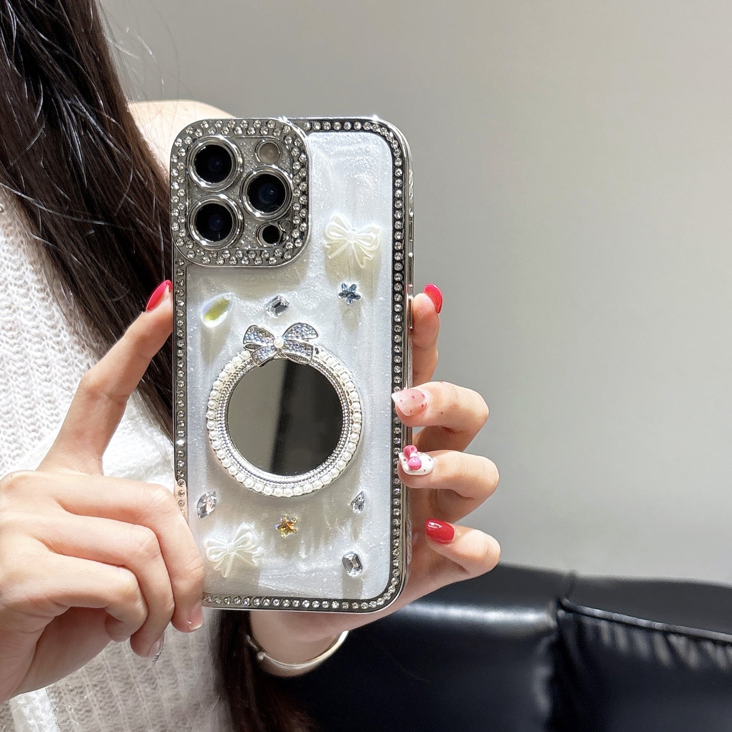 Glamorous Crystal Bow iPhone Case – Mirror Design with Sparkling Diamond and Pearl Accents, Luxurious Glossy Finish, Elegant Butterfly and Jewel Embellishments for iPhone 14/13/12, Perfect Gift for Her
