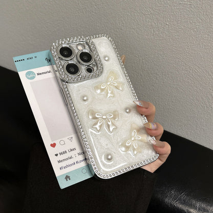 Pearl Bow iPhone Case – Diamond-Studded Design with Glossy Finish, Elegant Pearl Detailing, Luxury Protective Case for iPhone 16/15/14/13, Perfect Gift for Her
