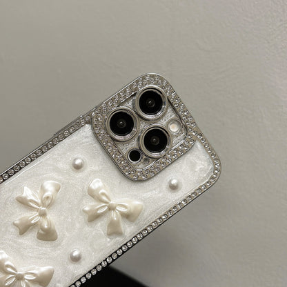 Pearl Bow iPhone Case – Diamond-Studded Design with Glossy Finish, Elegant Pearl Detailing, Luxury Protective Case for iPhone 16/15/14/13, Perfect Gift for Her