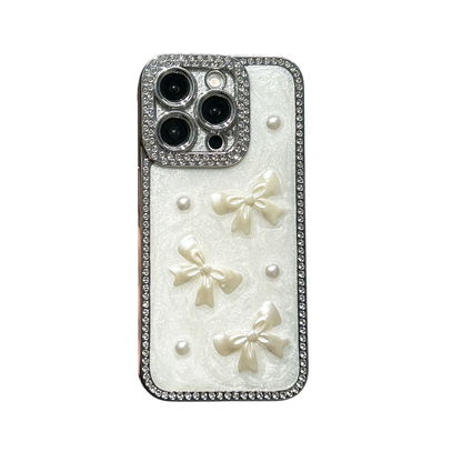 Pearl Bow iPhone Case – Diamond-Studded Design with Glossy Finish, Elegant Pearl Detailing, Luxury Protective Case for iPhone 16/15/14/13, Perfect Gift for Her