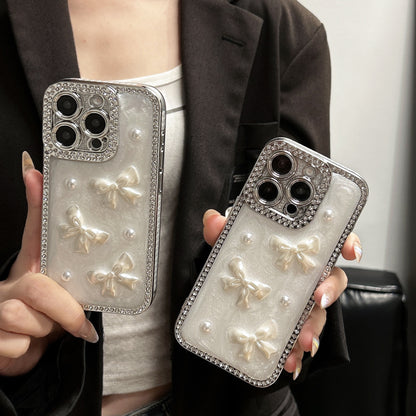 Pearl Bow iPhone Case – Diamond-Studded Design with Glossy Finish, Elegant Pearl Detailing, Luxury Protective Case for iPhone 16/15/14/13, Perfect Gift for Her