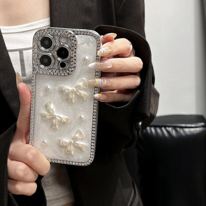 Pearl Bow iPhone Case – Diamond-Studded Design with Glossy Finish, Elegant Pearl Detailing, Luxury Protective Case for iPhone 16/15/14/13, Perfect Gift for Her