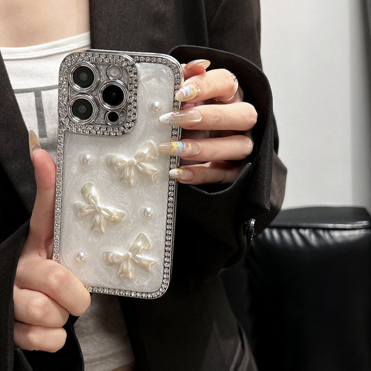 Pearl Bow iPhone Case – Diamond-Studded Design with Glossy Finish, Elegant Pearl Detailing, Luxury Protective Case for iPhone 16/15/14/13, Perfect Gift for Her