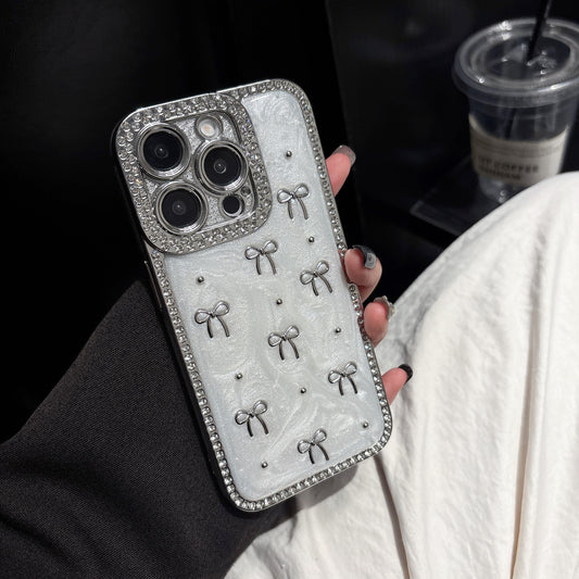 Crystal Bow iPhone Case – Diamond-Studded Design with Elegant Ribbon Motif, Glossy Finish, Perfect for iPhone 16/15/14/13, Fashionable and Protective Gift for Her