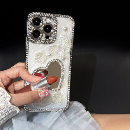 Heart-Shaped Mirror iPhone Case – Diamond and Pearl Butterfly Design with Glossy Finish, Elegant Luxury Case for iPhone 16/15/14/13, Perfect Gift for Her