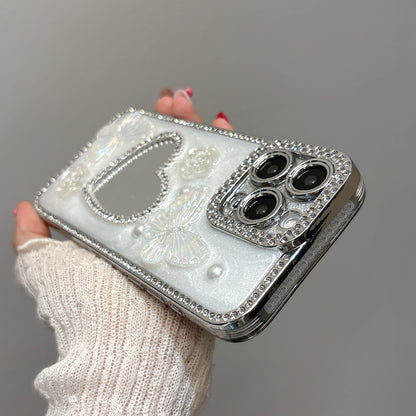 Heart-Shaped Mirror iPhone Case – Diamond and Pearl Butterfly Design with Glossy Finish, Elegant Luxury Case for iPhone 16/15/14/13, Perfect Gift for Her