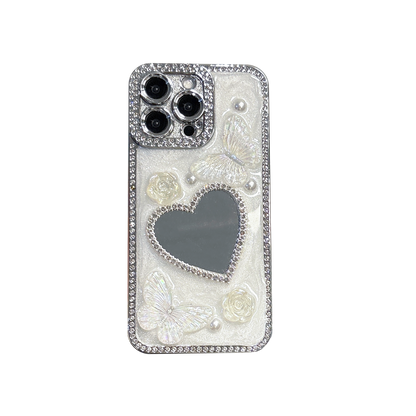 Heart-Shaped Mirror iPhone Case – Diamond and Pearl Butterfly Design with Glossy Finish, Elegant Luxury Case for iPhone 16/15/14/13, Perfect Gift for Her