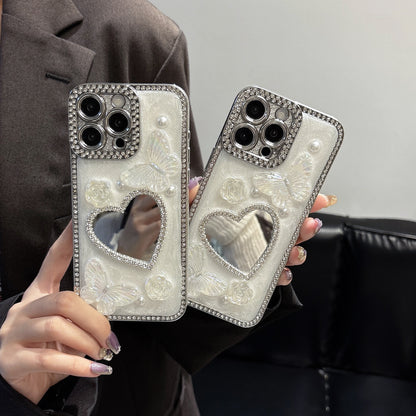 Heart-Shaped Mirror iPhone Case – Diamond and Pearl Butterfly Design with Glossy Finish, Elegant Luxury Case for iPhone 16/15/14/13, Perfect Gift for Her