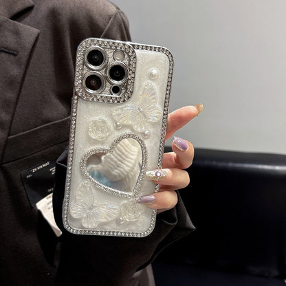 Heart-Shaped Mirror iPhone Case – Diamond and Pearl Butterfly Design with Glossy Finish, Elegant Luxury Case for iPhone 16/15/14/13, Perfect Gift for Her