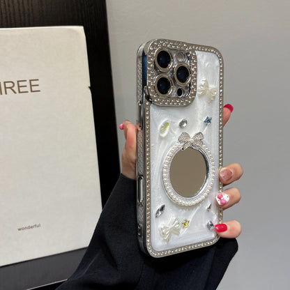 Glamorous Crystal Bow iPhone Case – Mirror Design with Sparkling Diamond and Pearl Accents, Luxurious Glossy Finish, Elegant Butterfly and Jewel Embellishments for iPhone 14/13/12, Perfect Gift for Her