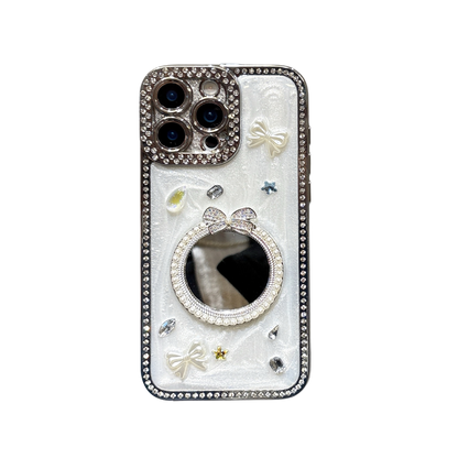 Glamorous Crystal Bow iPhone Case – Mirror Design with Sparkling Diamond and Pearl Accents, Luxurious Glossy Finish, Elegant Butterfly and Jewel Embellishments for iPhone 14/13/12, Perfect Gift for Her