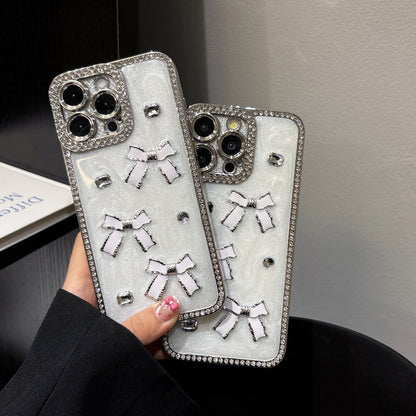 Crystal Bow iPhone Case – Diamond-Encrusted Design with Glossy White Finish, Elegant and Chic, Perfect for iPhone 16/15/14/13 Luxury Gift for Her