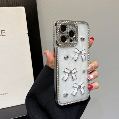 Crystal Bow iPhone Case – Diamond-Encrusted Design with Glossy White Finish, Elegant and Chic, Perfect for iPhone 16/15/14/13 Luxury Gift for Her
