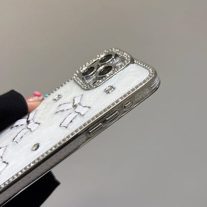Crystal Bow iPhone Case – Diamond-Encrusted Design with Glossy White Finish, Elegant and Chic, Perfect for iPhone 16/15/14/13 Luxury Gift for Her