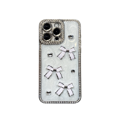 Crystal Bow iPhone Case – Diamond-Encrusted Design with Glossy White Finish, Elegant and Chic, Perfect for iPhone 16/15/14/13 Luxury Gift for Her