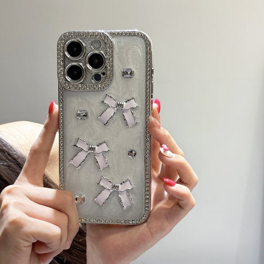 Crystal Bow iPhone Case – Diamond-Encrusted Design with Glossy White Finish, Elegant and Chic, Perfect for iPhone 16/15/14/13 Luxury Gift for Her